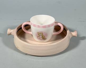 (2pc) Children's Pink Pottery | Child’s cup with pink handles and bear and Mexican tortilla dish with handles. Signed Mexico - h. 1.5 x dia. 7 in