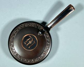 VINTAGE L.E. MASON & CO. CRUMB BUTLER | Vintage copper crumb catcher or ash collector with hinged top. Marked L.E. Mason Co. Boston, MA on inside. - h. 2 x l. 11 x dia. 6 in