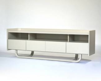 O.D. COLLECTIONS "RACK" CONSOLE CABINET (2 of 2) | Off-white sideboard with matte finish. Having 3 shelving compartments, 3 drawers, and curved open base structure. - h. 24 x w. 71 x d. 17.5 in