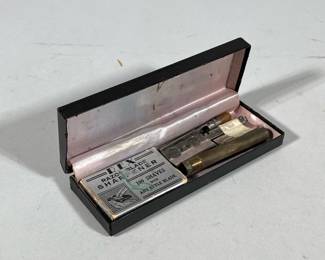 VINTAGE STRAIGHT RAZOR KIT & SHARPENER | Vintage straight razor kit in leather box with spare razor and Rex Razor Blade Sharpener - h. 1 x w. 2.25 x l. 6.5 in
