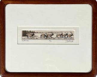 Deer/Caribou Etching | Winter Elk. Signed lower right in brown wooden frame. 1” x 6” in sight - h. 8.75 x l. 10.75 in (frame)