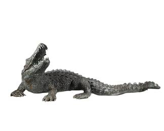Life-Sized 6ft Bronze & Metal ALLIGATOR Outdoor Lawn Sculpture | Heavy bronze finished sculpture of an Alligator. Had been outside for many years so now has a Grey Black Patina. - h. 25 x w. 29 x l. 72 x d. 29 in