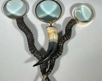 (3pc) Large Horn Handled Magnifying Glasses | Three long horns with attached brass magnifying glasses. One has a metal tip. - l. 23 x dia. 5 in (Largest)
