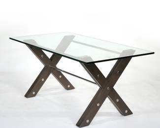 RESTORATION HARDWARE RIVET RECTANGULAR DINING TABLE, GLASS TOP | Having thick glass top and wooden X-form legs with metal rivets, no apparent markings - h. 30.5 x w. 36 x l. 68 in