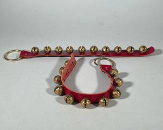 (2pc) Sleigh Bells Door Hangers | Handcrafted by New England Bells, brass bells attached to red leather straps with brass rings on top. - w. 3 x l. 24 in