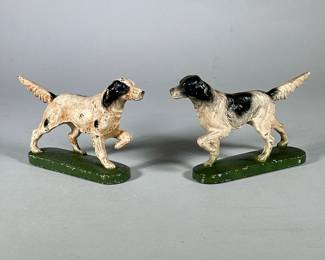 (2pc) Pair Hubley cast iron pointer bookends | Metal statues of Pointers on green bases. - h. 5 x w. 2 x l. 8 in