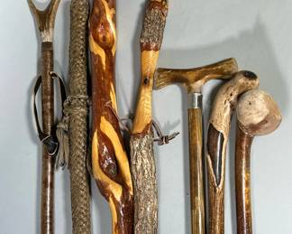(7pc) Hand Carved Wooden Hiking Sticks & Leather Wrapped Staff | including one leather Wrapped Staff Measuring 57' long - l. 57 in (Leather Wrapped Staff)