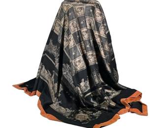Loro Piana Throw | Cashmere black throw with suede trim. Hunting scene outlines a collection of hunting horns. - w. 5 x l. 5 ft