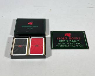 (2pc) [NIB] ABERCROMBIE & FITCH PLAYING CARDS & SIGN | Including: new in box pair of Abercrombie & Fitch playing cards, and plastic A&F Co store hours sign -  h. 4 x w. 6 in (sign)