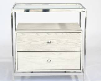 CHURCHILL FURNITURE PARADOX 2 DRAWER NIGHT STAND BEDSIDE TABLE | Having chrome frame with glass top and two wooden drawers.
Dimensions: h. 27 x w. 26 x d. 18 in