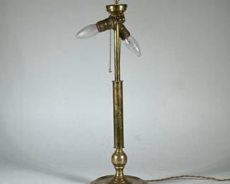Double Socket Brass Table Lamp | Vintage lamp with two pull chains and ribbed round base - h. 25 x dia. 7.5 in (lamp)