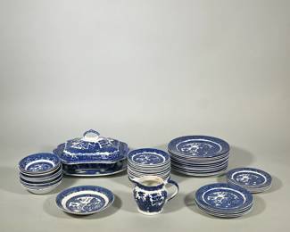 (52pc) Collection Of Willow Ware | Including 14 saucers, 1 large saucer, 1 small serving platter, 1 small covered tureen, 1 small pitcher, 12 sauce bowls, 5 salad plates, 5 bread and butter plates, 12 luncheon plates. Majority of collection is by Allertons, Ltd., made in England. - h. 6.5 x w. 9 x l. 11 in (Tureen)