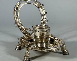 Silver plate equestrian horseshoe inkwell as is | Missing the ink pot lid and insert. - h. 6 x w. 5 x l. 6 in