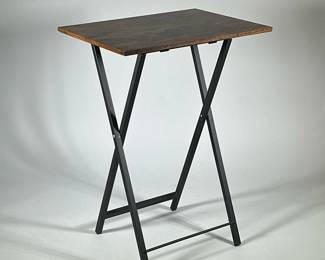 Small Wooden Folding Table | Dark wood top and black metal folding legs. - h. 26 x l. 19 x d. 14 in (Opened)