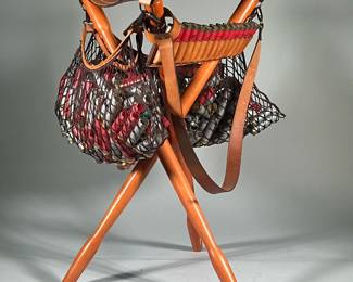 Orvis Hunting Stool | Leather and wood tripod stool includes original carry strap and attachable bird bags. Cartridge belt on side holds 15 rounds; all shells pictured are empty. - h. 25 x w. 17 in