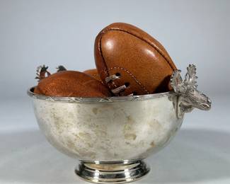 (4pc) Silverplate Stag Handle Bowl with Three Antique Miniature Leather Rugby Balls | Bowl features double stag handles; rugby balls measure 6' x 2.5' - h. 5.5 x w. 8 x l. 8 in (Stag Bowl)