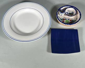 (3pc) Assorted Pottery | One large white plate with blue trim made by Pottery Barn, dark blue almost square small plate, ceramic olive dish signed. - dia. 12 in (Serving plate)