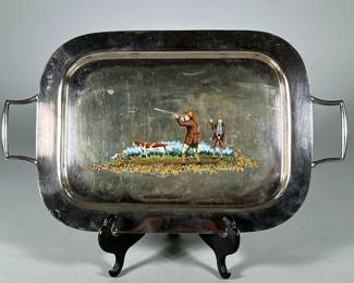 Vintage Silverplate Hand Painted enamel Hunting Scene Tray | Vintage footed silverplate hand-painted tray. Featuring scene of 2 hunters in deer stalker hats with a pointer dog English 1930s - h. 1 x w. 9.5 x l. 15.5 x d. 9.5 in