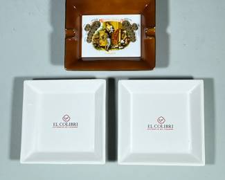(3pc) Cigar Ashtrays | Two matching El Colibri square white ashtrays and one “Romeo y Julieta Habana” with brown trim. - w. 6.5 x l. 6.5 in
