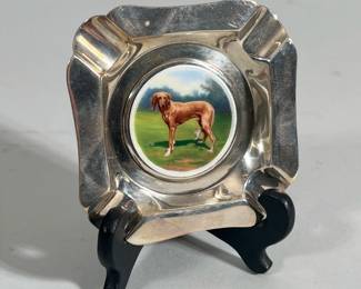 Sterling Silver Ash Tray | With embossed painted dog in center. Marked on back and numbered. - w. 4 x l. 4 in