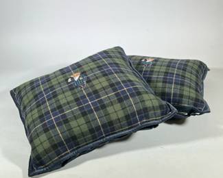(2pc) Ralph Lauren WOOL Pillows | 100% wool green, blue and black tartan pillows with bear holding martini. Buttoned covers, velvet backs. - w. 20 x l. 20 in