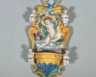 ITALIAN Majolica CERAMIC Ornamental Wall Pocket Vase or Font | Hanging Italian glazed majolica porcelain cherub wall pocket, signed "Made in Italy".
Dimensions: h. 15 x w. 7 in