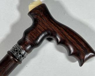 (3pc) Asterom Handmade Walking Stick | Handmade crafted of sold oak with metal band. Signed on band. Missing part of handle - w. 5.5 x l. 36 in