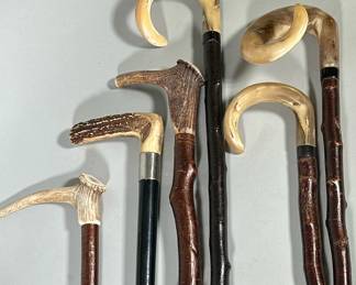 (6pc) Collection of Vintage Horn & Antler Walking Sticks | Various Sizes made from Antler and Horn -Some are Signed on the Carved Horn . Sizes Range from 52' long to 34' - w. 2 x l. 52 in (longest Cane)