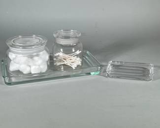 (4pc) Restoration Hardware Bathroom Vanity Set | Including two jars with lids, oblong trays and soap dish. - h. 4 x dia. 5 in (Larger Jar)