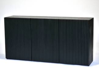 CONTEMPORARY REEDED FRONT SIDEBOARD CABINET | Having three doors with ribbed/reeded front that conceal 6 shelves. - h. 30 x w. 60 x d. 14.5 in
