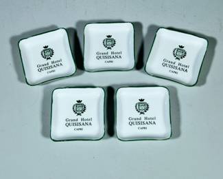 (5pc) Ashtrays | Matching Grand Hotel Quisisana, Capri trays white with green trim. - w. 4 x l. 4 in