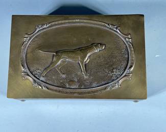 Brass CIGAR Box | Cigar box with Pointer on top and carved flowers on rim. - h. 3 x w. 6 x l. 9.5 in
