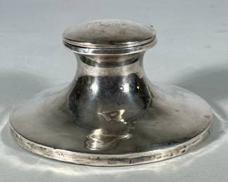 English Sterling Silver And Wood Ink Well | Brook & son Sheffield England Sterling inkwell with wood base. Lid needs a repair; Glass insert included - h. 2 x w. 6 x l. 6 x d. 6 in