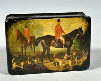 Vintage Painted Wood Printed Hunt Scene Snuff Box |
Printed with a fox hunting scene featuring horses and hounds. Having original label - Purchased at Ralph Lauren NYC - h. 1 x w. 2.5 x l. 3.5 in