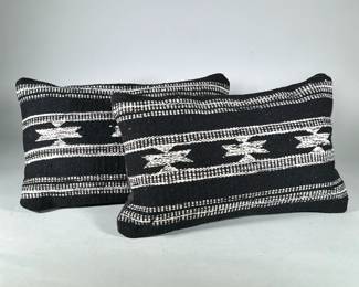 (2pc) Restoration Hardware Pillows | Black, rectangular, woven wool/cotton blend pillows with linen backs and zipper closures. - w. 12 x l. 20 in