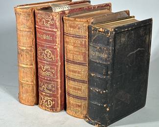 (4pc) Antique Leather Bound Bibles | In various condition some fading and cracking.