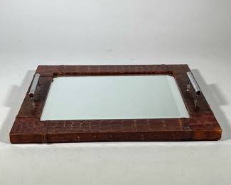 Leather Mirror Tray | Having leather trim and two silver handles. - h. 2.5 x w. 14.5 x l. 17.75 in