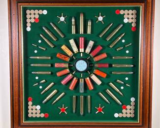Handmade British framed cartridge & Bullet wall display | Made in England by TMB designs. Vintage cartridges and bullets by ELEY and various other makers in a custom wooden frame - h. 25 x w. 25 x l. 25 x d. 2 in