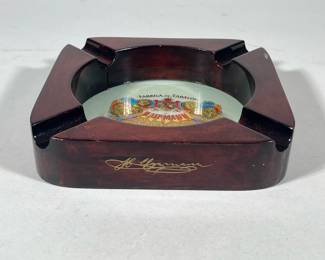 Large Wood H Upmann Cigar Ashtray | Decorated Glass Interior of Ashtray With a Rosewood Surround; signed on side. Having felt base. - h. 1.90 x w. 8.5 x l. 8.5 in