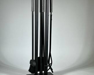 (4pc) CONTEMPORARY FIREPLACE TOOL SET | Black brushed metal contemporary style fireplace tools including brush, poker, shovel, and tongs on stand - h. 32 x w. 10 x d. 6 in