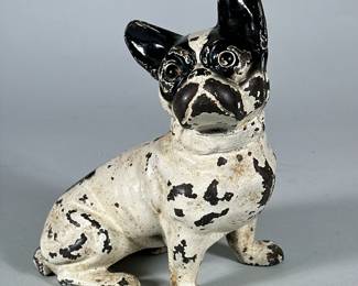 Hubley Painted Cast Iron French Bulldog | Heavy metal black and white painted dog. - h. 8.5 x w. 4 x l. 7 in