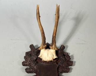 MOUNTED DEER Hunting Trophy | Mounted roe deer trophy featuring a skull and antlers mounted to a carved piece of wood. - h. 13 x w. 7 x d. 6 in