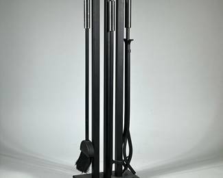 CONTEMPORARY FIREPLACE TOOLS | Contemporary set of fireplace tools including brush, poker, and tongs on stand - h. 32 x w. 10 x d. 6 in
