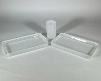 (3pc) Restoration Hardware Bathroom Accessories | 2 oblong cloudy glass trays and matching glass. - h. 1.25 x w. 6.75 x l. 12 in (Tray)