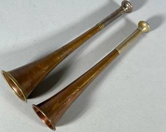 (2pc) Antique Copper & Brass Silverplate Fox Hunting Horns, Swaine & Adeney | Including a hunting horn stamped "Swaine & Adeney London Proprietors of Kohler & Son - Made in England" - h. 2 x w. 1.75 x l. 9 in
