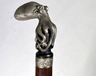 Dragon King - Damascus Steel & Rosewood Octopus Sword Cane | Well-constructed and made of Antiqued Cupronickel and dark polished Rosewood. Blade is Forged from Damascus Steel - l. 39 in