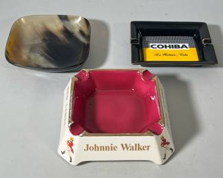 (3pc) Vintage Ashtrays | Including Johnnie Walker Red, Cohiba and plastic trays. - h. 3 x w. 8 x l. 8 in (Johnnie Walker Red)