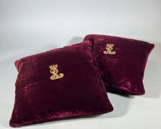 (2pc) Ralph Lauren VELVET Pillows | Matching deep maroon velvet zippered pillows with gold Ralph Lauren insignia. - w. 19 x l. 19 in