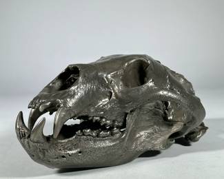 METAL FINISH PATINATED ANIMAL SKULL | Most likely a bear, with a metallic finish - h. 9 x w. 8 x l. 13 in
