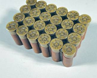 Shotgun Cartridge Lidded Trinket Box | Shot gun cartridge lidded box as marked, the lid lined with velvet, box made of wood, with History Craft label on bottom, the "shotgun shells" on the lid reading, "ELEY 12" - h. 2.5 x l. 5 x d. 3.5 in